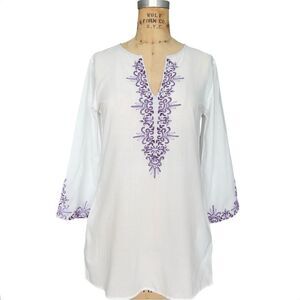 KAS Designs White Cotton Embroidered 
V-Neck Blouse Size S